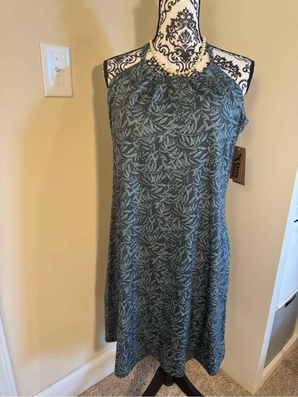 Eddie Bauer Sports Dress Sleeveless Leaf-Print Halter Dress in Slate Green NWT